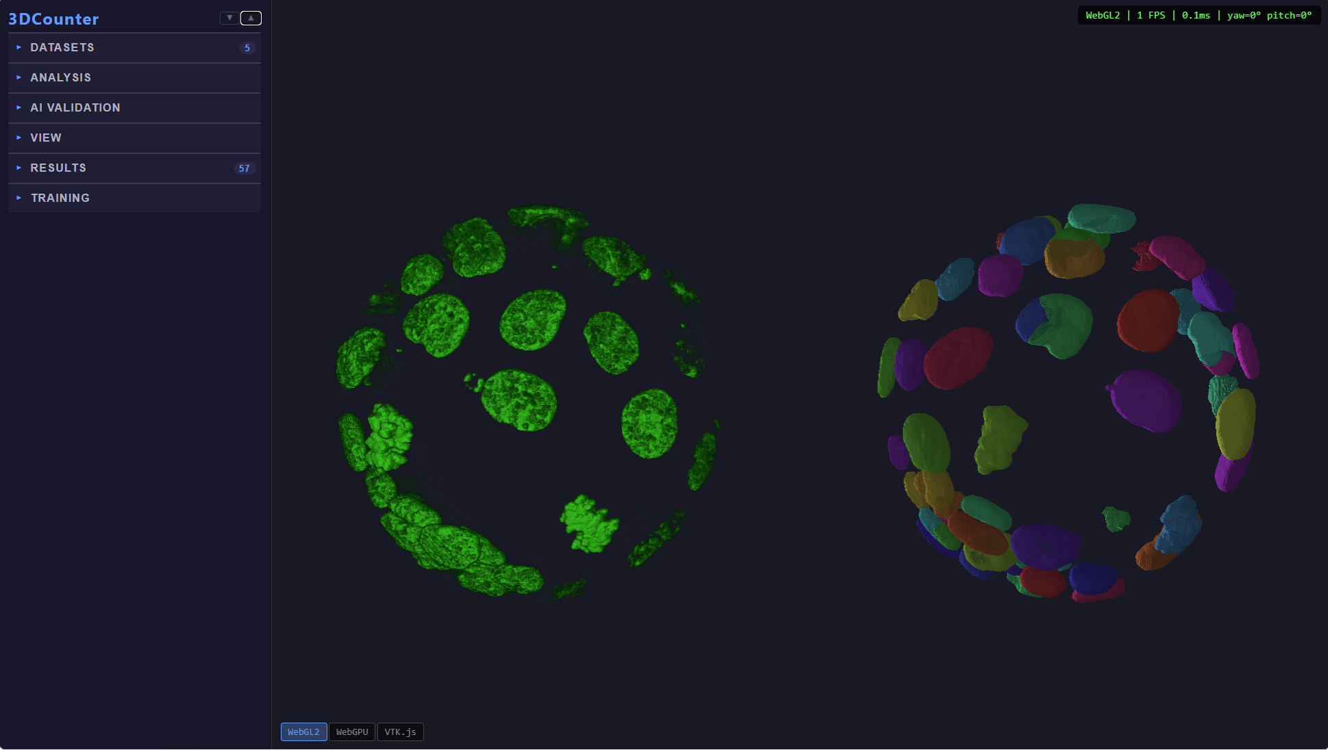 3dcounter UI showing raw confocal data and ML segmentation