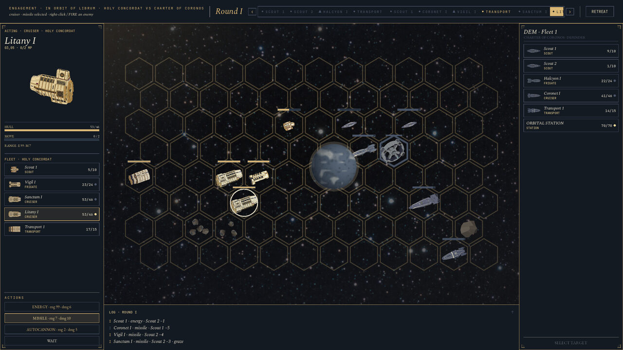 The Veiled Atlas — turn-based tactical space combat on a hex grid